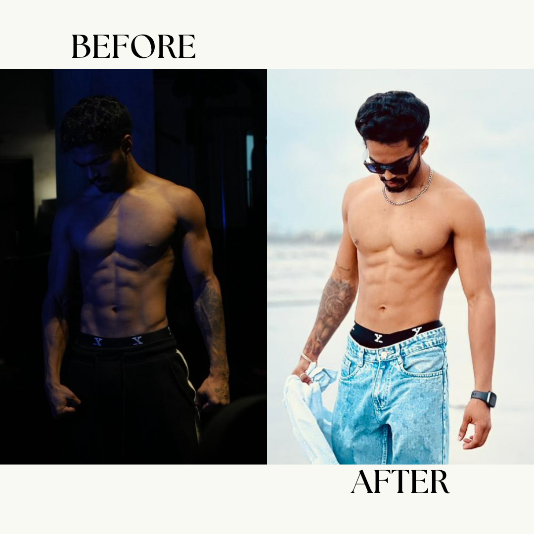 Shubham before and after MeriDiet body recomposition plan – maintained 63 kg ideal weight